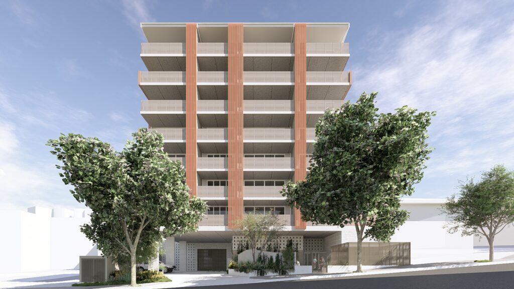 Rendered image of an apartment building